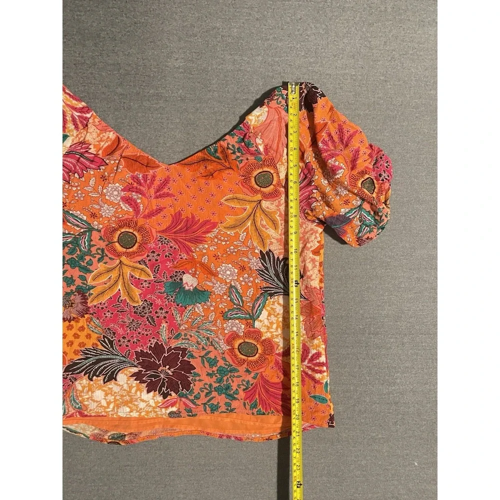 LOFT Petite Floral Puff Sleeve Crop Top XS Petite Orange Boho Cottagecore Blouse